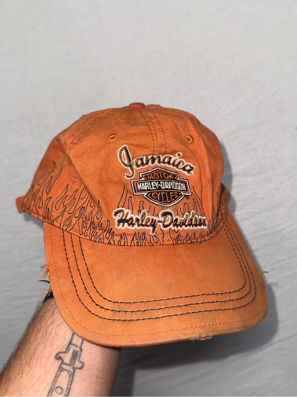 Vintage Harley-Davidson Jamaica Orange Flame Baseball Cap naturally distressed
